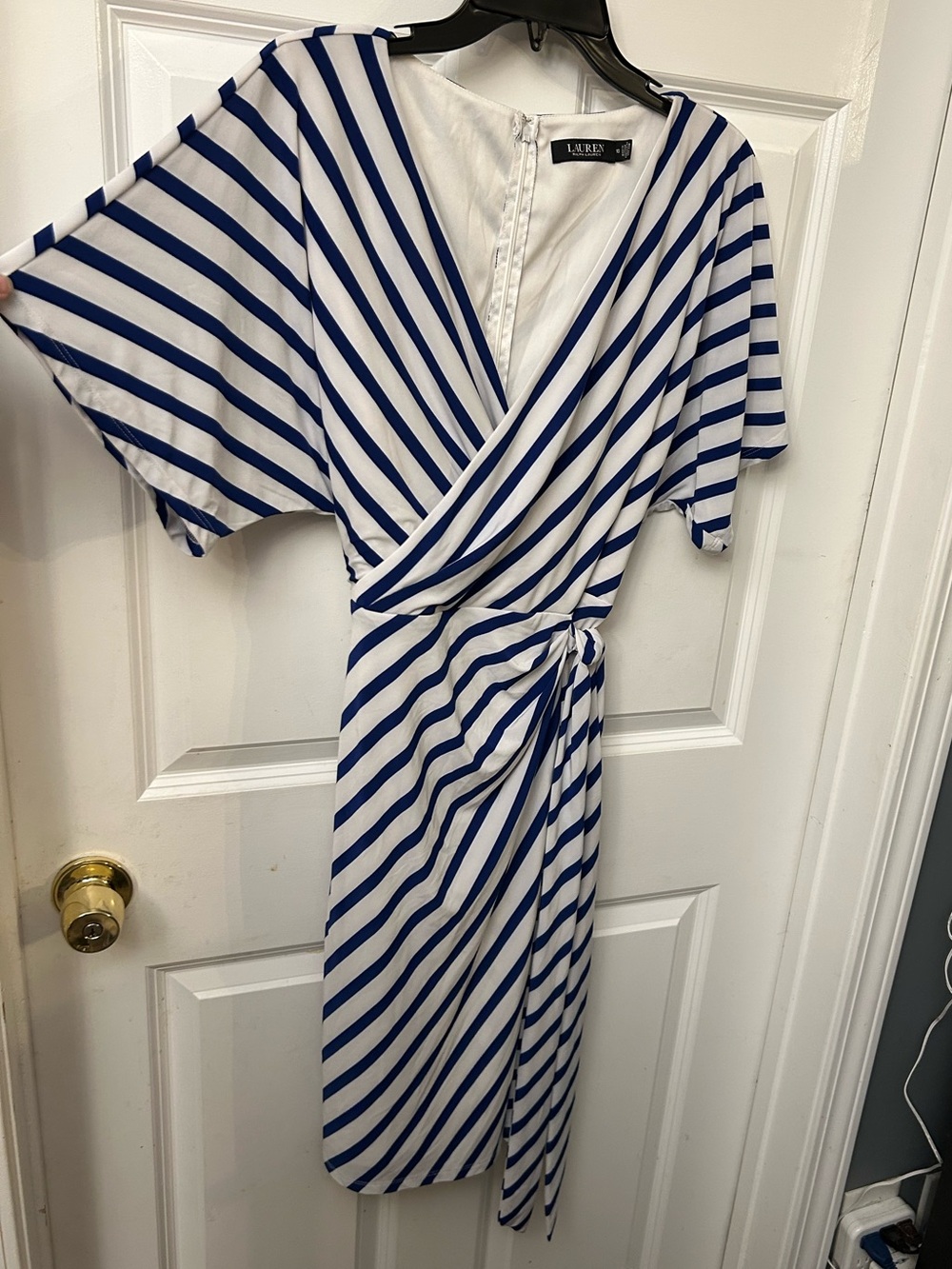 LAUREN Ralph Lauren -- blue & white striped jersey wrap dress — size: 10
